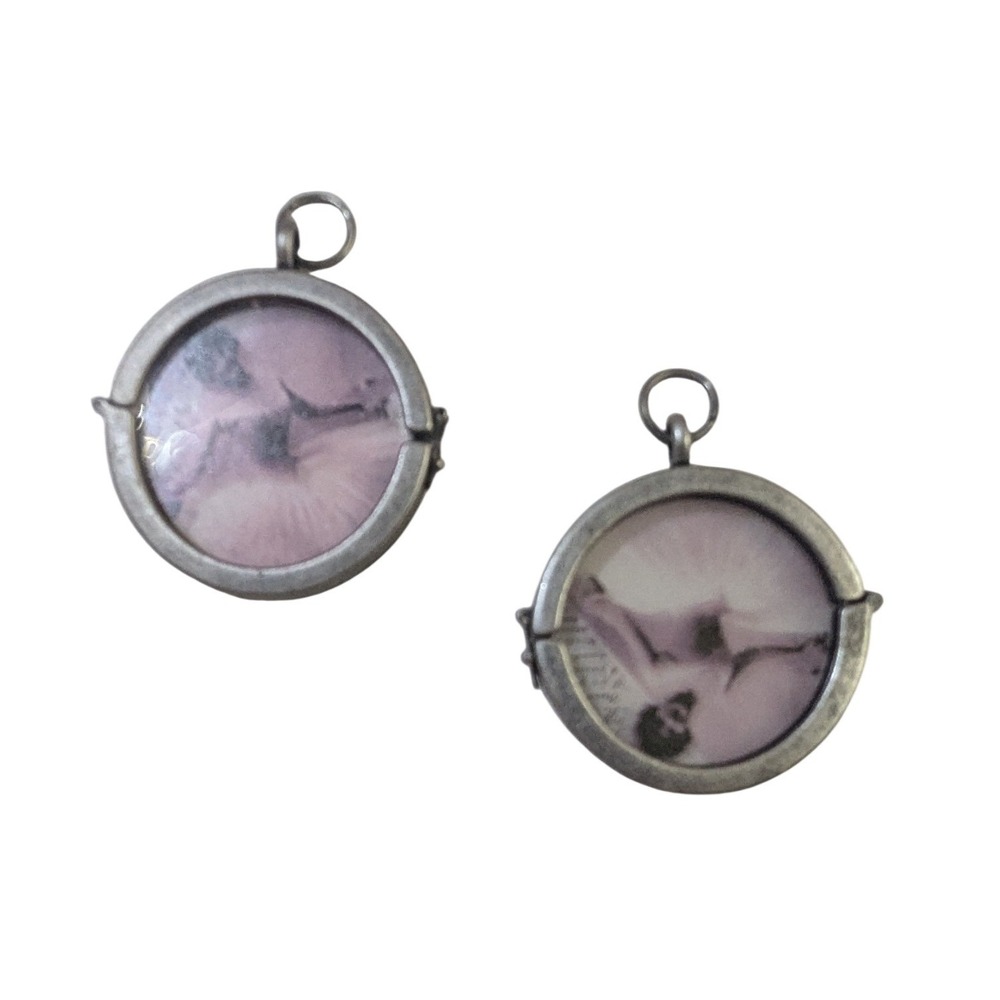Vintage Ballerina Photo Charms Silver Tone Round Hinged Locket Pendants Set of 2